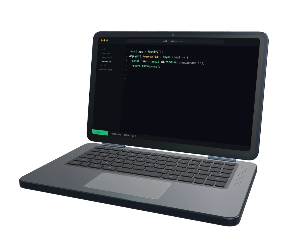 Notebook em 3D exibindo este portfólio
